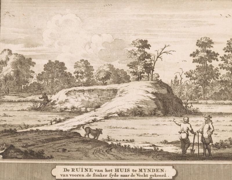 The Ruin of the house at Mynden, from the front, the left side turned towards the Vecht, View of the ruin of the house at Mijnden, print, printmaker: Jacobus Schijnvoet, Amsterdam, after drawing by Roelant Roghman, publisher: Pieter de Coup, publisher: Hendrik Bosch, publisher: Johannes Marshoorn (publisher), Haarlem, publisher: Gerrit Bom, 1711 - 1774, paper, etching, height 134 mm x width 180 mm, Print included in: Smids, Ludolph. Schatkamer der Nederlandse! Antiquities, or Dictionary, comprising Dutch cities, 1711. Also appeared in the reissue of the aforementioned work in 1737 and 1774. In 1721, an edition appeared containing only the prints: Dutch antiquities, consisting of sixty depictions, situated in Holland, 1721., landscape with ruins, Vecht, Loosdrecht, A sepia-toned landscape engraving showing a gently rolling riverside with a rocky outcrop and patches of grass, clusters of leafy trees along the horizon, and a sky filled with horizontal lines and rounded cloud forms; in the...