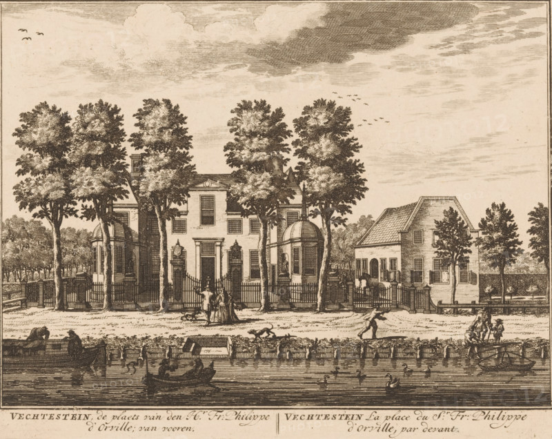 View of Vechtenstein House, Vechtestein, the place of Mr. Fr: Philippe d'Orville, from the front, Vechtestein La place de Sr. Fr: Philippe d'Orville, par devant, print, Series number, 9, printmaker: Daniël Stopendaal, publisher: widow Nicolaes Visscher (II), 1719, paper, etching, height 160 mm x width 205 mm, A detailed sepia-toned etching shows a large classical house partially obscured by tall leafy trees, with a gated fence in front and a domed pavilion at one side, flanked by another pitched-roof building; small human figures walk and stand on the lawn and near the fence while dogs run about; a canal or river runs across the foreground with several rowboats and seated boaters, and waterfowl float on the water; the sky above contains streaked clouds and flocks of birds.