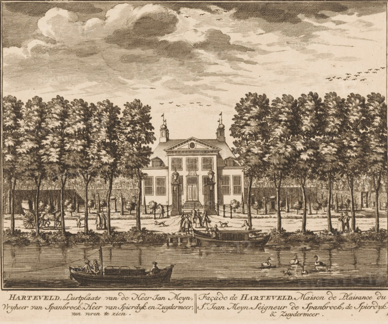Harteveld, Pleasure Ground of Lord Jan Meyn, Baron of Spanbroek, Lord of Spierdyk and Zuydermeer, seen from the front, Façade de Harteveld, Maison de Plaisance du Sr. Jean Meyn, Seigneur de Spanbroek, de Spierdyk & Zuydermeer, View of house Harteveld, print, Series number, 13, printmaker: Daniël Stopendaal, publisher: widow Nicolaes Visscher (II), 1719, paper, etching, height 162 mm x width 201 mm, A detailed sepia-toned engraving shows a classical two-story house with a pediment and two small cupolas on the roof, set behind a row of tall leafy trees. In front of the house a formal path and steps lead down to a tree-lined avenue where small groups of people walk and converse, some accompanied by dogs. On the avenue a horse-drawn carriage is visible among the trees. A wide river occupies the foreground, with two boats on the water and small groups of waterfowl nearby. Above the scene a sky filled with layered clouds stretches across the top of the image, and flocks of birds appear near ...
