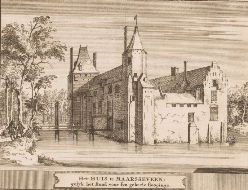 The House at Maarsseveen, as it stood before its complete demolition, View of Huis Ter Meer in Maarssen, Castles in the Netherlands, print, printmaker: Jacobus Schijnvoet, Amsterdam, after drawing by Hessel Gerritsz, publisher: Pieter de Coup, publisher: Hendrik Bosch, publisher: Johannes Marshoorn (publisher), Haarlem, publisher: Gerrit Bom, 1711 - 1774, paper, etching, height 195 mm x width 213 mm, Print included in: Smids, Ludolph. Treasury of the Dutch! Antiquities, or Dictionary, comprising Dutch cities, 1711. Also appeared in the reissue of the aforementioned work in 1737 and 1774. In 1721, an edition appeared containing only the prints: Dutch antiquities, consisting of sixty images, situated in Holland, 1721., castle, Maarssen, Huis Ter Meer, A detailed monochrome engraving of a large, fortified building beside a body of water, showing tall masonry walls, a stepped gable, pitched roofs, chimneys, and several towers including one with a conical roof topped by a small flag. A wood...