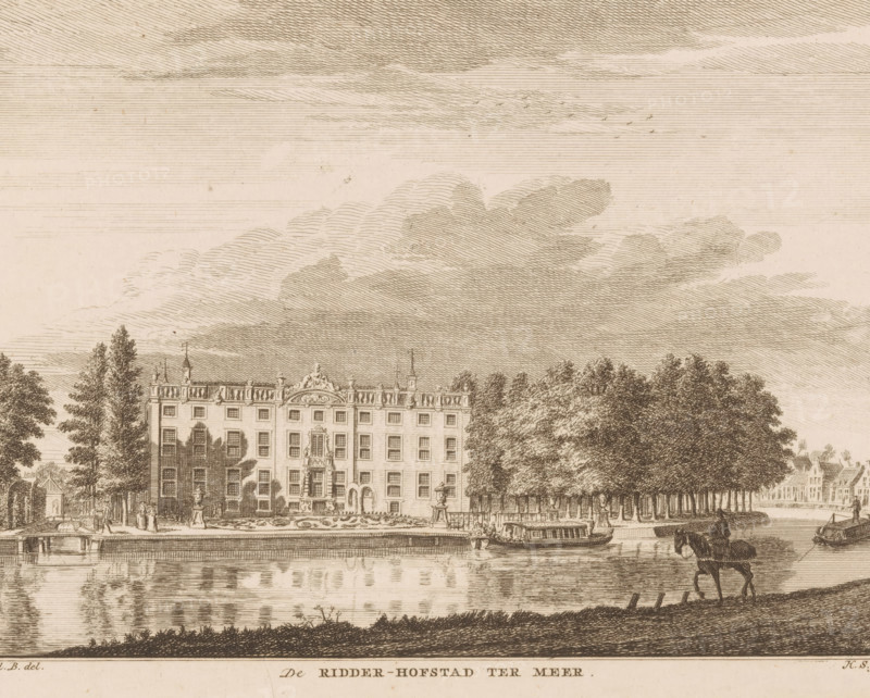 View of Huis Ter Meer, De Ridder-Hofstad Ter Meer, print, book illustration, Series number, 245-248, printmaker: Hendrik Spilman, after drawing by Jan de Beijer, publisher: Isaak Tirion, Amsterdam, 1745 - 1774, paper, etching, height 157 mm x width 203 mm, Huis Ter Meer is also called Zuylenburg or Slot te Maarssen. Print used in: Het verheerlykt Nederland of kabinet van hedendaagsche gezigten, Amsterdam: Isaac Tirion, 1745-1774., river, castle, Maarssen, Vecht, Huis Ter Meer, A detailed etching of a large multi-story mansion with ornate rooftop balustrades and sculptural decorations, framed by rows of tall trees on either side, sits behind a manicured front area with fountains and statues; a calm body of water reflects the building and trees, with boats moored along the bank, and a horse standing at the water’s edge in the foreground; the sky is filled with layered, hatched clouds.