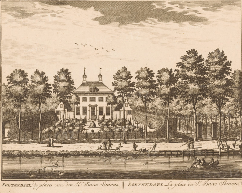 Soetendael, the place of Mr. Isaac Simons, View of country estate Soetendael, print, Series number, 15, printmaker: Daniël Stopendaal, publisher: widow Nicolaes Visscher (II), 1719, paper, etching, height 160 mm x width 205 mm, A wide engraved scene shows a large symmetrical house with a pitched roof and two small towers topped with flags, set behind a formal garden with geometric paths and clipped shrubs, the house flanked by two smaller gabled structures and partially enclosed by tall trees and hedges; a high fence or wall runs along the front of the property where small groups of people walk and a few figures tend animals or pull a cart, a river occupies the foreground with a small rowboat carrying several people and waterfowl gliding on the surface, and the sky above contains scattered clouds and a flight of birds.