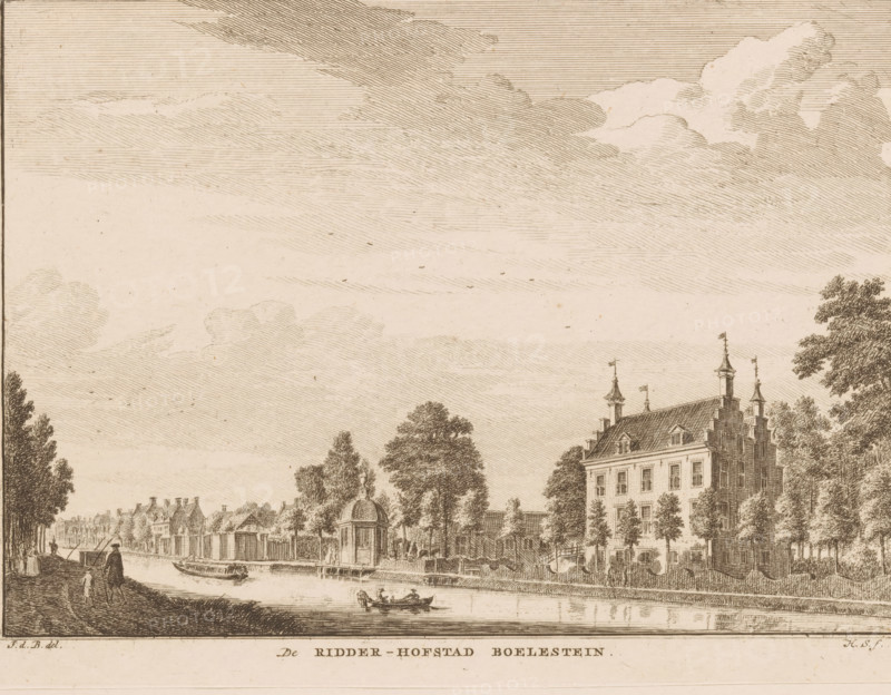 View of the Bolenstein house on the Vecht, De Ridder-Hofstad Boelestein, print, book illustration, Series number, 211-214, printmaker: Hendrik Spilman, after drawing by Jan de Beijer, publisher: Isaak Tirion, Amsterdam, 1745 - 1774, paper, etching, height 158 mm x width 207 mm, Print used in: Het verheerlykt Nederland or cabinet of contemporary sights, Amsterdam: Isaac Tirion, 1745-1774., river, castle, Maarssen, Vecht, A detailed ink drawing shows a riverside scene with a large multi-story building on the right, featuring a steep roof, dormer windows, ornate gables, and small spires with flags; trees of varying sizes surround the building and line the riverbank. Boats float on the calm river, including a small rowboat with figures and larger vessels moored along the opposite bank. A domed pavilion stands near the water among trees and fences, and smaller houses and structures extend into the distance along the far shore. Figures appear on the riverbank and on paths, some near the wate...