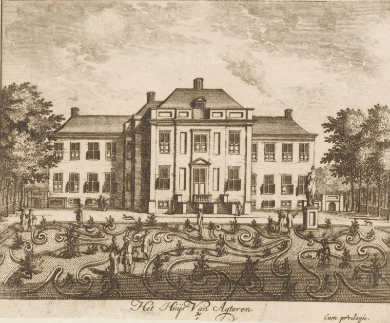 View of the rear of Soestdijk Palace, Het huijs van backteren, print, book illustration, Series number, 2, 16, printmaker: Gerard Valck, Amsterdam, 1695, paper, etching, engraving, height 130 mm x width 158 mm, A detailed ink drawing of a large symmetrical mansion with a central entrance flanked by columns and multiple windows, a pitched roof with chimneys and a small dormer, and two lower wings extending to each side; manicured parterre gardens with intricate scrolling patterns occupy the foreground, with small groups of people walking and standing along paths; a raised statue on a plinth stands near the right side of the building; rows of trees frame the scene on both sides and a textured sky fills the upper area.