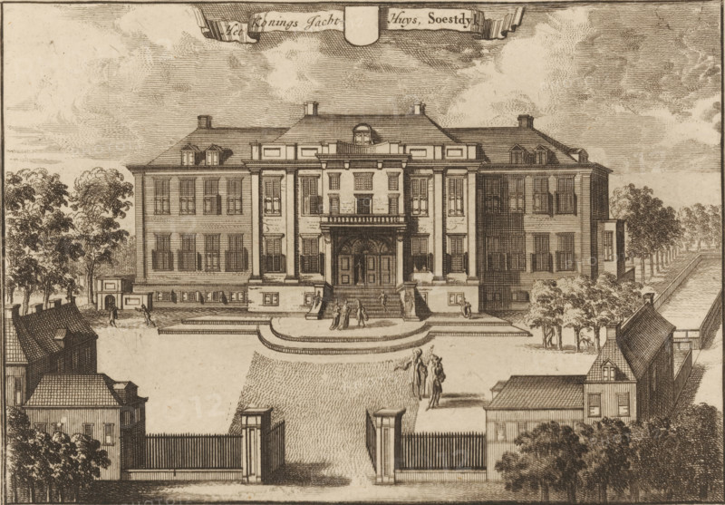 View of Soestdijk Palace, The King's Hunting Lodge Soestdyk, print, book illustration, after drawing by Caspar Specht, publisher: Joachim Ottens, Amsterdam, after 1710, Caspar Specht, Joachim Ottens, printmaker, after drawing by, publisher, paper, etching, engraving, height 150 mm x width 214 mm, A detailed engraving of a large symmetrical manor with a central entrance framed by columns and a wide set of steps leading to double doors, flanked by two projecting wings with rows of shuttered windows and dormers on the roof. A rounded terrace sits in front of the entrance where several small groups of people stand and converse. Foreground elements include a gated driveway with tall fence posts and low pavilions on either side, and rooftops of nearby buildings. Trees line the sides and rear of the estate, and a canal or long water feature runs along one side behind a row of trees. The sky is filled with finely hatched clouds.