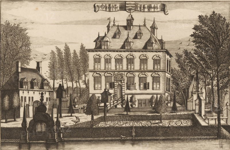 View of Huis Oudegein in Nieuwegein, Oude Geyn by Jutphaes, print, book illustration, after drawing by Caspar Specht, publisher: Joachim Ottens, Amsterdam, after 1710, printmaker, paper, etching, engraving, height 148 mm x width 222 mm, A detailed sepia-toned engraving shows a large three-story house with a steep, multi-gabled roof and several dormer windows, flanked by tall trees and smaller buildings; the main facade features tall arched windows, a central doorway with decorative stonework above it, and a small balcony; in front of the house are manicured hedges, potted trees on short pedestals, a balustraded stair, a fence with ornate scrollwork, and a garden area with a walking figure and a small dog; additional architectural elements include chimneys, towers, and gateposts topped with sculptural forms, while birds are depicted in the sky and fine horizontal lines indicate the background atmosphere.
