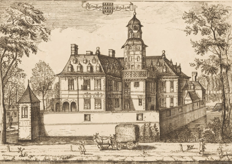 View of Plettenburg Castle near Jutphaas, Plettenburg in Jutphaes, print, book illustration, after drawing by Caspar Specht, publisher: Joachim Ottens, Amsterdam, after 1710, printmaker, paper, etching, engraving, height 149 mm x width 215 mm, A detailed ink drawing of a large multi-story building with steep roofs, dormer windows, chimneys, and a central tower topped with a dome and flag, framed by tall trees on both sides; a high wall runs along the front of the building with a wagon drawn by two horses and covered by a large rectangular load moving along the road outside, accompanied by a standing figure nearby and another figure walking with a small dog, while architectural details like arched openings, balustrades, and small pavilions appear along the perimeter.