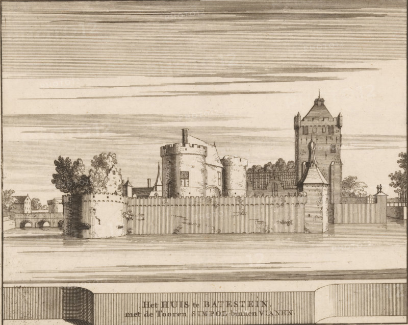 The house at Batestein with the Simpol tower, within Vianen, View of Batestein Castle in Vianen, print, book illustration, printmaker: Jacobus Schijnvoet, publisher: Pieter de Coup, Amsterdam, 1711, paper, etching, height 195 mm x width 215 mm, A wide horizontal ink drawing of a fortified riverside scene showing a high wooden palisade and stone walls with round towers and battlements, a tall square tower with a pitched roof and corner turrets, smaller buildings with steep roofs and chimneys clustered behind the walls, leafy trees rising above the fortifications, an arched bridge crossing water at the left edge, and a calm expanse of sky rendered with many parallel horizontal lines.