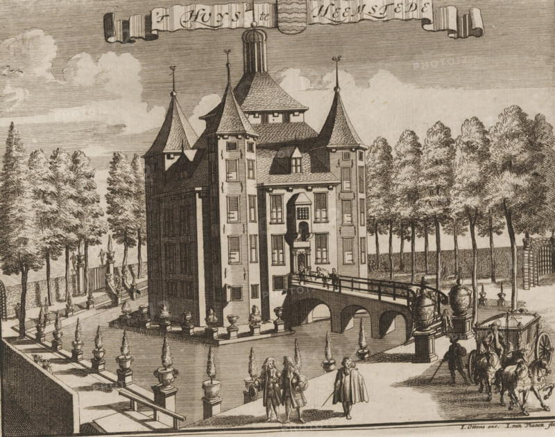 t Huys te Heemstede, View of Heemstede Castle, print, book illustration, after drawing by Caspar Specht, publisher: Joachim Ottens, Amsterdam, after 1710, printmaker, paper, etching, engraving, height 156 mm x width 201 mm, A detailed etching shows a large multi-storied building with steep tiled roofs and tall pointed turrets, a bridge with archways leading to an entrance, rows of trees lining the grounds, sculpted garden urns on plinths and formal pathways, several small groups of people dressed in period clothing walking or standing, a horse-drawn carriage with driver and passengers, ornamental fence elements and gateposts, a sky with lined shading and clouds, and decorative banners along the top edge.
