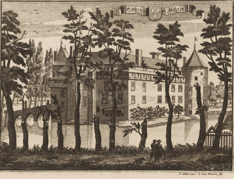 t Huys te Haar, View of De Haar Castle in Haarzuilens, print, book illustration, printmaker: Jan van Vianen, after drawing by Caspar Specht, publisher: Joachim Ottens, Amsterdam, after 1710, paper, etching, engraving, height 150 mm x width 202 mm, A detailed black and white etching shows a waterside scene with tall trees in the foreground partially obscuring buildings behind them, a stone bridge with arches crossing the water on the left, and a large multi-story building with pitched roofs, chimneys, and a round tower topped by a conical roof on the right; two small figures walk together along the riverbank near the bottom center with a small animal at their feet, and a ribbon-like decorative cartouche stretches across the top of the image.