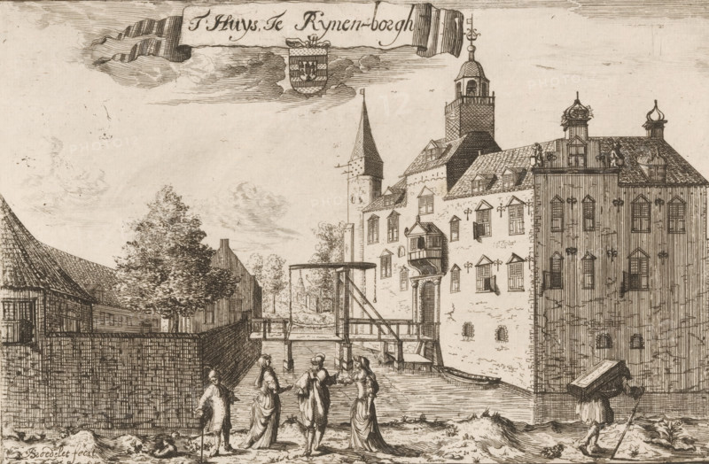 t Huys te Rynen-borgh, View of Rijnenburg Castle, print, book illustration, printmaker: Jan Broedelet, after drawing by Caspar Specht, Amsterdam, 1698, paper, etching, engraving, height 134 mm x width 203 mm, A detailed ink drawing shows a riverside scene with tall brick and timber buildings, gabled roofs, and a tower with a domed cupola; a wooden bridge structure spans the water and a small boat is moored alongside the quay; several figures in period dress walk and converse on the foreground path while one figure carries a large rectangular load on their back; a stone wall and a leafy tree sit to the left and clouds fill the sky above.