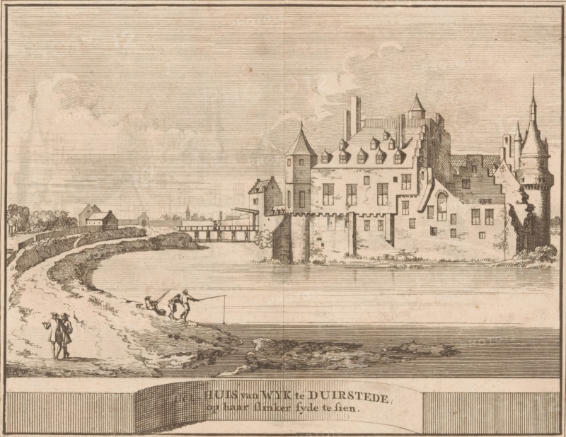 View of Duurstede Castle in Wijk bij Duurstede, The house of Wyk te Duurstede seen on its left side, print, book illustration, printmaker: Jacobus Schijnvoet, publisher: Pieter de Coup, Amsterdam, 1711, paper, etching, height 138 mm x width 177 mm, A wide riverside scene rendered in fine linework showing a large stone building with battlements, towers, chimneys, steeply pitched roofs with dormer windows, and a round corner turret on the right, positioned at the water’s edge with its base extending into the river; a wooden bridge and smaller structures sit farther back along the shoreline to the left of the main building, with a distant cluster of trees and a low wall or embankment curving along the riverbank; in the foreground figures walk and fish along a sandy shore, some standing together and others handling long fishing poles, while the water reflects horizontal line shading and the sky is filled with parallel hatching and soft cloud shapes.