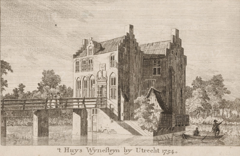 t Huys Wynesteyn by Utrecht 1754, View of Wijnestein Castle near Jutphaas, print, 1754, printmaker, paper, etching, height 142 mm x width 217 mm, landscape with tower or castle, castle, Nieuwegein, Wijnestein Castle, Period, A detailed ink drawing of a riverside scene showing a large stepped-gable building with tall arched windows and a decorative entrance, connected to a wooden bridge that spans the water and rests on solid piers. Two figures stand on the bridge, and a small boat with a standing oarsman and a seated passenger moves near the building. Trees and foliage frame the background on both sides, and the sky is filled with fine horizontal and diagonal line shading. The water reflects vertical and horizontal line work beneath the bridge and building.