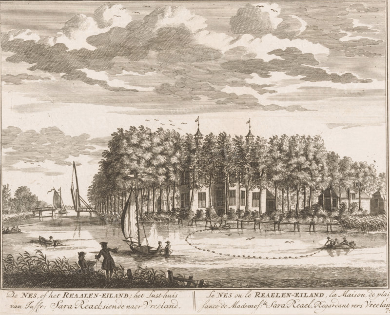 De Nes, or the Reaalen Island, the pleasure house of Miss Sara Reael, looking towards Vreeland, Le Nes ou le Reaelen-eiland, la maison de plaisance de mademos.le Sara Reael, regardant vers Vreeland, View of De Nes or Realen Island on the Vecht, print, book illustration, Series number, 74, 98, printmaker: Daniël Stopendaal, publisher: widow Nicolaes Visscher (II), Amsterdam, 1719, paper, etching, engraving, height 163 mm x width 204 mm, A detailed sepia-toned engraving showing a riverside scene with tall trees densely lining the far bank and partially obscuring a large building with rooftowers topped by small flags, several boats with sails and oars on the water, figures in small rowboats and standing along the near shore, a pair of people in conversation at the water’s edge, a low wooden pier or bridge extending into the river, and a sky filled with layered clouds and a few birds.