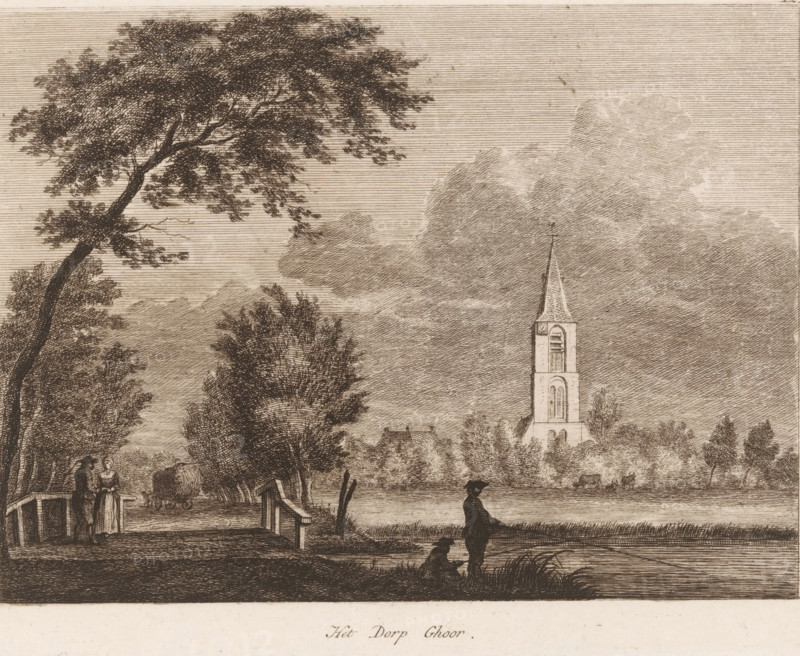The Village of Ghoor, Village View in Goor, print, Series number, 12, Numbered top right: 12., c. 1770 - c. 1800, printmaker, paper, etching, intaglio printmaking technique, etching with plate tone in brown, height 160 mm x width 212 mm, angling, church (exterior), village (city(-scape) with figures, staffage), Goor, A sepia-toned etching shows a riverside scene with a tall church tower rising above trees on the far bank, its spire and arched openings visible against a sky filled with layered clouds. In the foreground a figure stands at the water's edge with a dog nearby, while along the left bank a tree with a leaning trunk and dense foliage stretches across the upper area. A small footbridge and a pair of people stand near its entrance, and trees and shrubs fill the middle ground with a hay wagon visible among them. Cattle graze in the distant field, and horizontal line work textures the sky and water throughout the image.