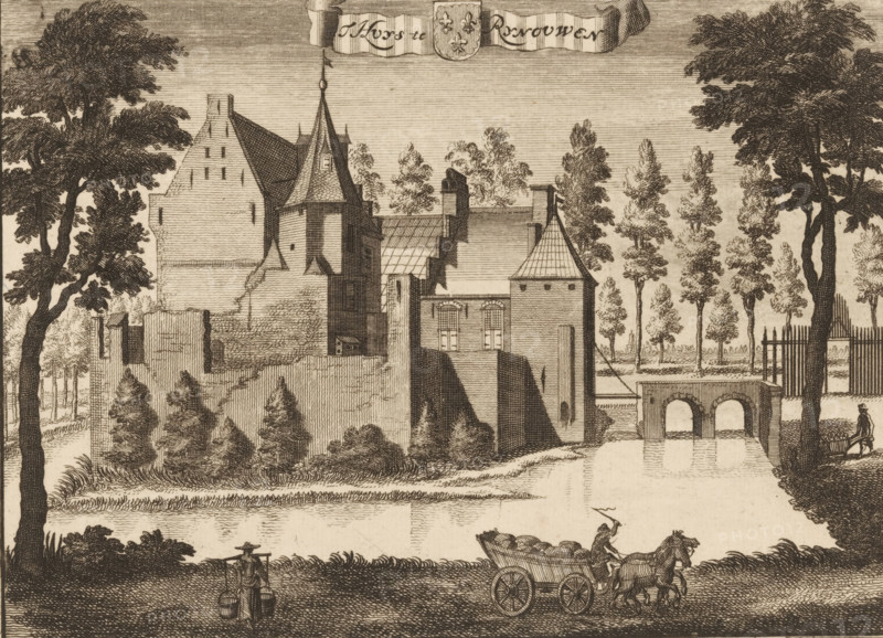 View of the house or castle Rhijnauwen near Bunnik, T huys te Rynouwen, print, book illustration, printmaker: Jan van Vianen, after drawing by Caspar Specht, Utrecht, publisher: Joachim Ottens, Amsterdam, after 1710, paper, etching, engraving, height 149 mm x width 205 mm, An engraved view shows a walled stone building complex with steep tiled roofs, a tall pointed tower, and various chimneys, set behind a raised embankment and surrounded by trees. In front of the walls a narrow waterway spans beneath an arched stone bridge. Along the near bank a horse pulls a cart laden with round objects while a driver raises an arm. Nearby a figure carries two buckets suspended from a shoulder yoke. Tall trees frame both sides of the scene and rows of slender trees rise behind the buildings. The engraving features dense line work for shading and crosshatching throughout.