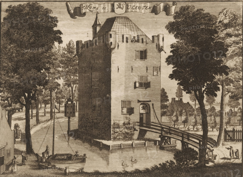 t Huys te Vleuten, View of the House at Vleuten, print, book illustration, printmaker: Jan van Vianen, after drawing by Caspar Specht, Utrecht, publisher: Joachim Ottens, c. 1710, paper, etching, engraving, height 153 mm x width 206 mm, A detailed ink engraving showing a tall fortified house with battlements and a steep roof, flanked by large leafy trees on both sides; a wooden bridge leads to an arched doorway in the building and a docked boat sits in a narrow waterway beneath, with two swans swimming nearby; small human figures stand and walk along paths and near the water, some carrying items and others conversing; distant houses and rows of trees appear in the background, and decorative banners and a shield sit along the top edge of the image.