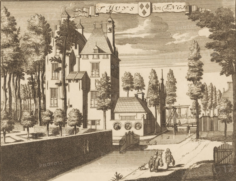 View of Den Engh Castle near Vleuten, 't Huys Den Engh, print, book illustration, printmaker: Jan van Vianen, after drawing by Caspar Specht, Utrecht, publisher: Joachim Ottens, c. 1710, Jan van Vianen, Caspar Specht, Joachim Ottens, printmaker, after drawing by, publisher, paper, etching, engraving, height 157 mm x width 200 mm, A detailed line drawing shows a tall multi-story building with steep tiled roofs and several chimneys, flanked by many tall trees with textured foliage, a smaller structure with a tiled roof and round windows attached to the larger building, a gated entrance and a low wall in front, a narrow bridge or wooden structure over water to the right, and a small group of people walking on a path with one carrying a bag and a dog nearby.