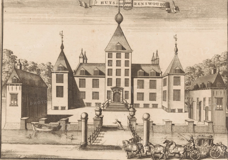 View of Renswoude or Borchdal Castle, 't Huys tot Renswoude, print, book illustration, printmaker: Jan van Vianen, after drawing by Caspar Specht, Utrecht, publisher: Joachim Ottens, c. 1710, Jan van Vianen, Caspar Specht, Joachim Ottens, printmaker, after drawing by, publisher, paper, etching, engraving, height 153 mm x width 217 mm, A detailed ink drawing shows a symmetrical mansion with a central tall tower topped by a bulbous finial and flanked by lower pavilions with steep pitched roofs and decorative roof pinnacles, all set behind a balustraded entrance with steps leading to a recessed doorway; urns on plinths and spherical finials sit along the approach, a bridge with posts and chain railings crosses a moat where a small rowboat rests alongside the quay and waterfowl float; trees frame the buildings at the left and right, and a horse-drawn carriage with multiple horses and a coachman travels along the road in the foreground while a small figure runs up the bridge toward the hous...