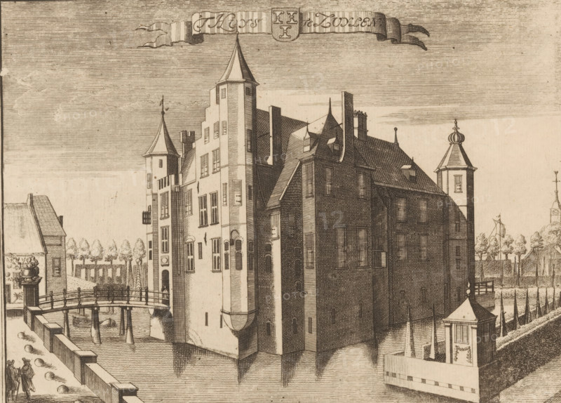 t Huys te Zuylen, View of Zuylen Castle in Oud-Zuilen, print, book illustration, printmaker: Jan van Vianen, after drawing by Caspar Specht, Utrecht, publisher: Joachim Ottens, c. 1710, paper, etching, engraving, height 148 mm x width 203 mm, A detailed monochrome engraving of a large multi-story building with steep pitched roofs, towers with conical tops, chimneys, and numerous windows, set beside a body of water; a wooden arched bridge spans the water leading to the building, with small boats moored beneath; a waterfront promenade with a low wall and rounded bollards runs along the foreground where two small figures stand; rows of trees and a gated fence appear behind the building on one side, and a small pavilion with a decorative roof and a fenced area sits near the water on the other side; the sky is filled with fine horizontal line shading and a decorative flowing banner with an emblem stretches across the upper portion.