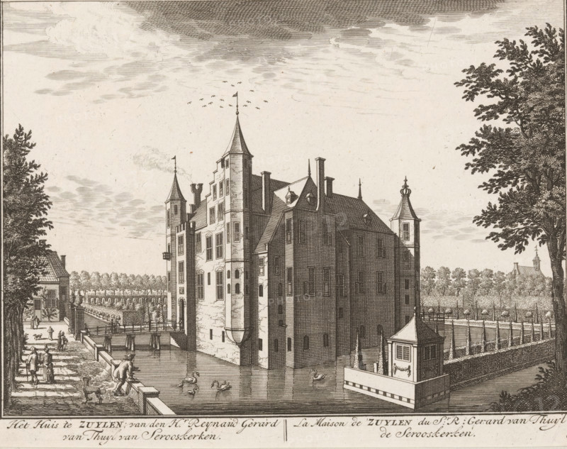 The house at Zuylen, of Mr. Reynaud Gerard van Thuyl van Serooskerken, La maison de Zuylen du sr. R: Gerard van Thuyl van Serooskerken, View of Zuilenstein Castle in Leersum (former title), View of Zuilen Castle in Zuylen near Utrecht, print, book illustration, Series number, 8, 98, printmaker: Daniël Stopendaal, publisher: widow Nicolaes Visscher (II), Amsterdam, 1719, paper, etching, engraving, height 163 mm x width 207 mm, A detailed ink illustration of a large stone building with multiple gabled roofs and tall narrow towers rising from its corners, each topped with pointed spires and small flags, sits surrounded by water forming a moat. The building shows many windows set into its textured brick walls and steep rooflines with chimneys and dormer windows. In the foreground along the water’s edge, a stepped quay and a low stone wall border the moat where swans float and a small pavilion stands on a platform. People walk and gather on a tree-lined path beside the moat, some near a sma...