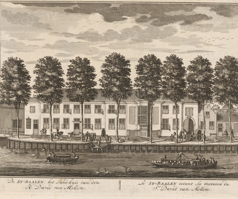 View of the country estate Zijdebalen on the Vecht near Utrecht, De Sy-Baalen, the country house of Mr. David van Mollem, Le Sy-Baalen estant la metairie du sr. David van Mollem, print, book illustration, Series number, 3, 98, printmaker: Daniël Stopendaal, publisher: widow Nicolaes Visscher (II), Amsterdam, 1719, paper, etching, engraving, height 163 mm x width 210 mm, A detailed monochrome engraving showing a row of tall leafy trees planted along a street in front of a long, multi-windowed building with a tiled roof and arched entrance, people gathered and walking along the sidewalk, a horse and carriage near the building, several small boats with passengers on the water in the foreground, swans swimming near the boats, and a sky filled with textured clouds.