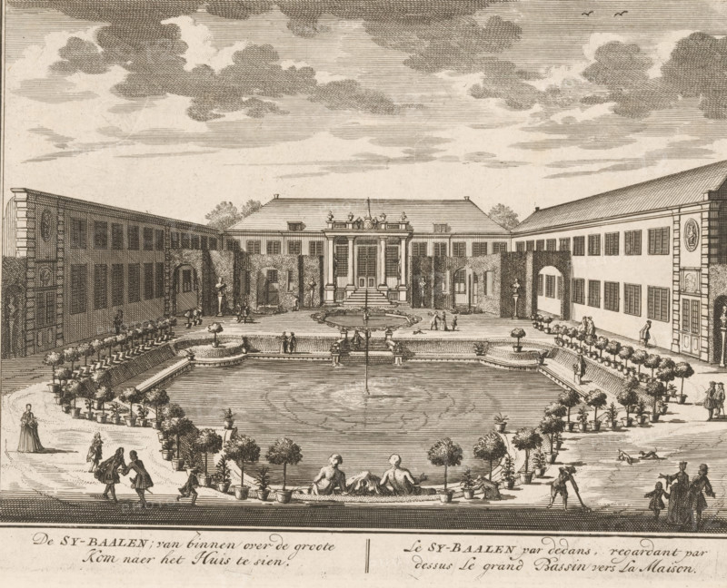 De Sy-Baalen, seen from the inside over the large basin towards the house, Le Sy-Baalen par dedans, regardant par dessus le grand bassin vers la maison, View of the inner courtyard of the Zijdebalen country estate on the Vecht near Utrecht, print, book illustration, Series number, 4, 98, printmaker: Daniël Stopendaal, publisher: widow Nicolaes Visscher (II), Amsterdam, 1719, paper, etching, engraving, height 163 mm x width 210 mm, A wide engraved scene shows a formal rectangular garden with a large central pool bordered by stone edges and small potted trees, a stepped fountain feature at one end, and sculpted figures reclining on the near edge; flanking the pool are symmetrical terraces lined with rows of potted plants and clipped hedges, with classical statues on pedestals set into the hedged walls; beyond the garden stands a grand building with a central portico of columns, stairway, and ornate pediment, connected on either side to long wings with many windows and decorative roundels...