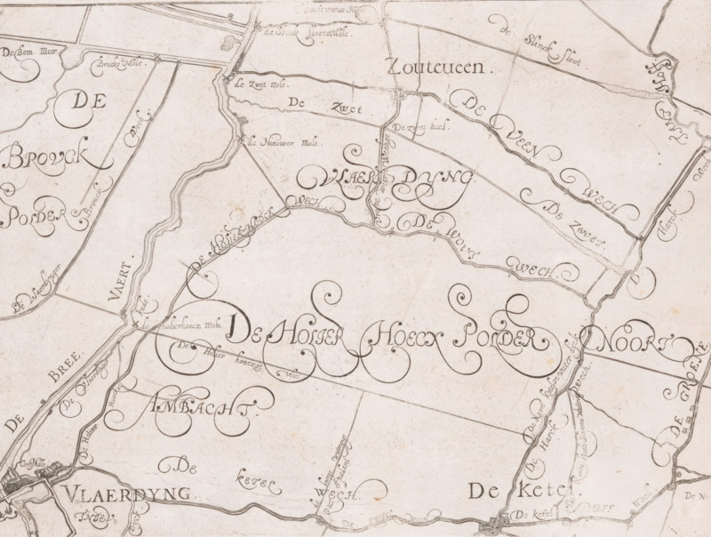 Map of the Schieland Water Board, with Vlaardingen, print, map, printmaker: Floris Balthasarsz. van Berckenrode, printmaker: Balthasar Florisz. van Berckenrode, commissioner (person who orders works): Schieland Water Board, 1611 - 1635, commissioner (person who orders works), paper, etching, engraving, height 216 mm x width 295 mm, This map was published five times between 1611 and 1635 without the plates being updated. Unclear to which edition this copy belongs., armorial bearing, heraldry, maps of separate countries or regions, Schieland, A section of an old hand-drawn map rendered in sepia tones showing winding waterways, straight and curved boundary lines, and irregular parcel shapes. Decorative, flowing calligraphic lettering appears across the surface in various orientations, with ornate swirls integrated into the letterforms. Thin inked roads or dikes run between parcels and intersect at small bridge-like joins, while clusters of short parallel strokes indicate textured banks or...