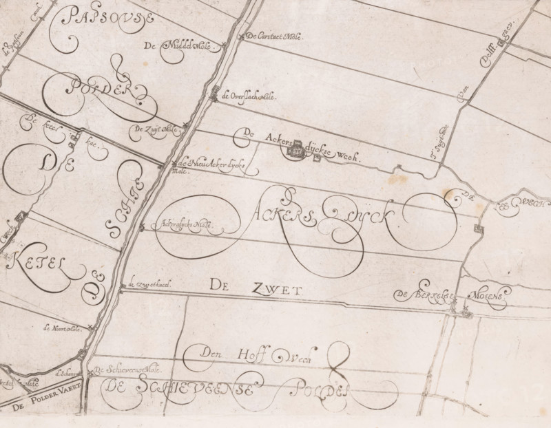 Map of the Schieland Water Board, with De Zweth, print, map, printmaker: Floris Balthasarsz. van Berckenrode, printmaker: Balthasar Florisz. van Berckenrode, commissioner (person who orders works): Schieland Water Board, 1611 - 1635, commissioner (person who orders works), paper, etching, engraving, height 219 mm x width 293 mm, This map was published five times between 1611 and 1635 without the plates being updated. Unclear to which edition this copy belongs., armorial bearing, heraldry, maps of separate countries or regions, Schieland, A sepia-toned, hand-drawn map fragment with flowing calligraphic lines and ornamental swirls, featuring narrow straight and curved boundary lines, irregularly shaped enclosed plots, linear canal or road with parallel edging running vertically, tiny clustered building symbols along some lines, small circular and oval decorative loops within larger fields, scattered faint stains and smudges on the paper, and fine pen strokes showing texture and age acros...