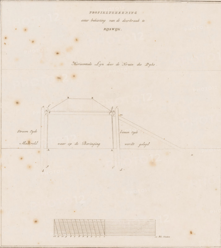 Profile drawing of formwork for the Rijswijk breach, Technical drawing of dike formwork, print, book illustration, printmaker, publisher, Amsterdam, paper, etching, height 282 mm x width 254 mm, A pale, aged sheet with small brown spots scattered across its surface, containing a faint technical drawing in light ink near the top center and midsection showing vertical and slanted lines forming a rectangular structure with supporting posts and diagonal braces, a horizontal dotted line across the upper area, and a grid-like block of parallel and perpendicular lines near the lower portion; thin border lines frame the sheet and faint handwritten flourishes appear alongside the diagram elements.