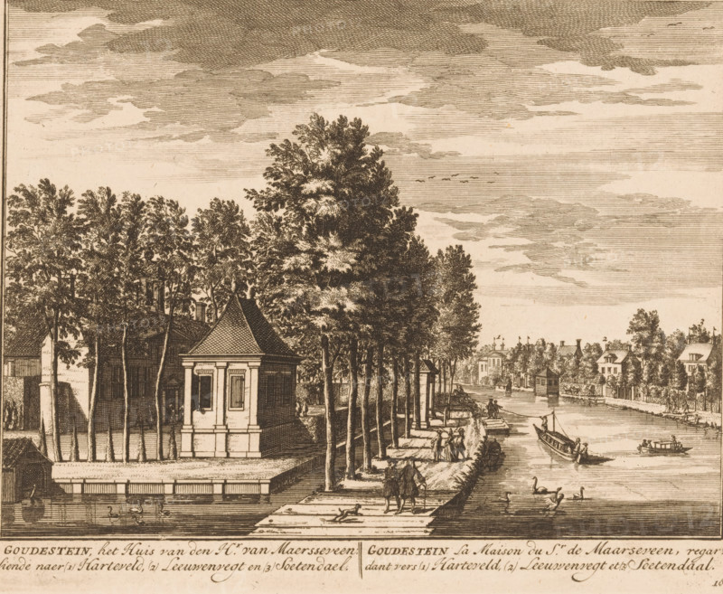 Goudestein, the House of Mr. van Maersseveen, looking towards (1) Harteveld, (2) Leeuwenvegt and (3) Soetendael, Goudestein La Maison du Sr. de Maarseveen, regardant vers (1) Harteveld, (2) Leeuwenvegt et (3) Soetendaal, View of Goudestein, print, Series number, 16, printmaker: Daniël Stopendaal, publisher: widow Nicolaes Visscher (II), 1719, paper, etching, height 162 mm x width 201 mm, A sepia-toned etching showing a riverside scene with tall trees lining a paved walkway, a small classical pavilion with a tiled roof near the water, and figures walking along the path and standing by the edge. Boats float on the river, including a long boat with seated passengers and a smaller rowed craft, while birds swim near the bank. In the background are rows of houses and distant buildings partially obscured by trees, and the sky is filled with layered, linear clouds.