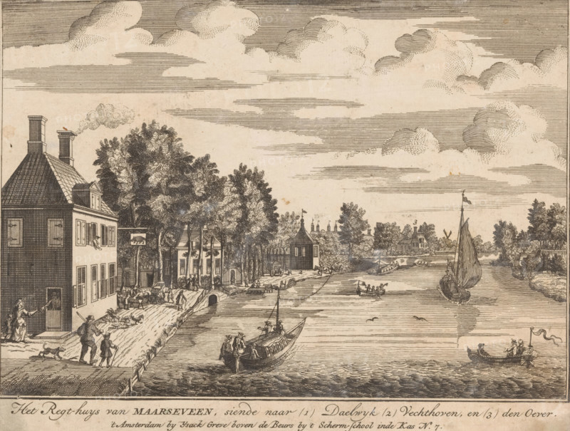 The Courthouse of Maarseveen, looking towards (1) Daelwyk (2) Vechthoven, and (3) the Bank, View of courthouse and inn The Black Pig, print, after print by Daniël Stopendaal, publisher: Isaac Greve, Amsterdam, 1718 - 1757, Daniël Stopendaal, printmaker, after print by, paper, etching, height 148 mm x width 197 mm, After print in: Stopendaal, Daniel. The Triumphant Vecht, showing various views of pleasure grounds, manor houses and villages, beginning from Utrecht and ending with Muyden. Amsterdam: Widow Nicolaas Visscher, 1719., river, hotel, hostelry, inn, city-view, and landscape with man-made constructions, court building, Maarssen, Maarsseveen, A riverside scene rendered in fine ink lines showing a large house with a steep tiled roof and chimneys at the left edge, an open doorway with a person visible inside, and a person standing outside holding a smaller figure while a dog runs nearby; a row of trees and smaller buildings lines the bank behind a busy quay where carts, people walki...