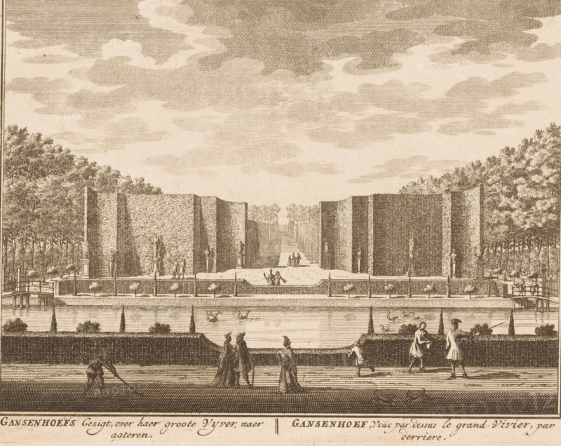 View of the Gansenhoef country estate, Gansenhoef's view, over her large Vyver, afterward, Gansenhoef, view of the grand Vivier, par derriere, print, Series number, 26, printmaker: Daniël Stopendaal, publisher: widow Nicolaes Visscher (II), 1719, Daniël Sstopendaal, widow Nicolaes Visscher (II), printmaker, publisher, paper, etching, engraving, height 159 mm x width 205 mm, A wide sepia-toned engraving showing a formal garden scene with tall, rectangular hedges and rows of trees on either side, a central avenue receding into the distance, and sculpted pedestals and statues positioned along the hedge line. In the foreground a long reflective water basin spans the width of the image with swans and waterfowl visible on its surface, bordered by low balustrades and planted parterres. Figures in period dress stroll or stand near the water and on the paths, including couples and solitary walkers, while a worker with a long tool tends the ground nearer the front. The sky above is filled with m...