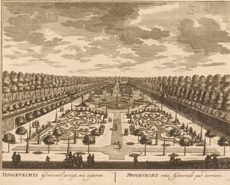 Hoovluchts Generael gesigt, na agteren, Hoovlucht veüe Generale par derriere, View of the garden of the Hoovlucht country estate, print, Series number, 19, printmaker: Daniël Stopendaal, publisher: widow Nicolaes Visscher (II), 1719, paper, etching, engraving, etching and engraving, height 160 mm x width 207 mm, An engraved landscape view shows a formal garden with symmetrical parterres featuring ornate scrollwork patterns, low hedges, and planted trees arranged along straight pathways. Figures in period dress walk and stand on the foreground terrace and along the garden alleys, some in small groups and some individually. Tall rows of evenly spaced trees form long avenues on either side of the central axis, which leads toward a distant balustrade and pavilion structure. Fountains and basins are aligned along the central water feature, with sculptural elements and vertical posts rising from the water. The sky above is filled with hatched, textured clouds. The image is rendered in monoch...