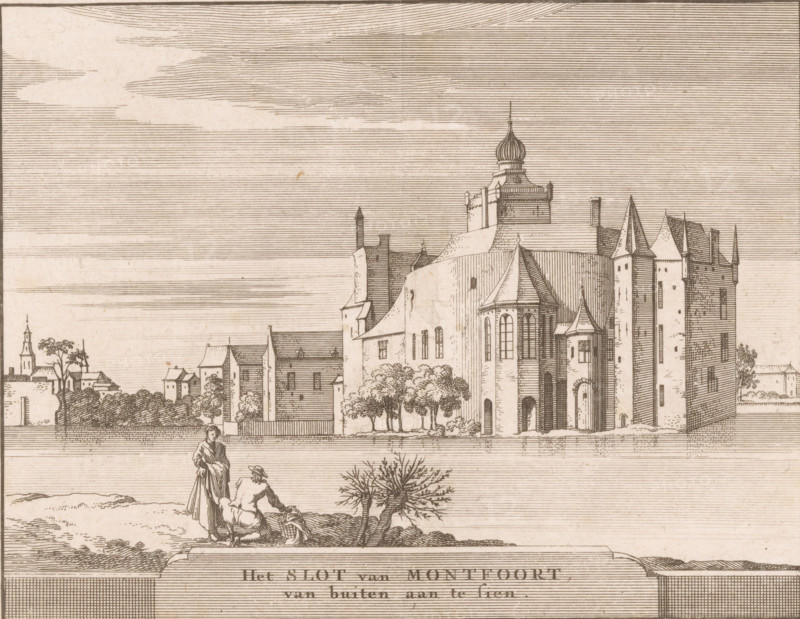 The Castle of Montfoort, View of the castle of Montfoort, Castles in the Netherlands, print, printmaker: Jacobus Schijnvoet, Amsterdam, after drawing by Roelant Roghman, publisher: Pieter de Coup, publisher: Hendrik Bosch, publisher: Johannes Marshoorn (publisher), Haarlem, publisher: Gerrit Bom, 1711 - 1774, paper, etching, height 141 mm x width 182 mm, Print included in: Smids, Ludolph. Schatkamer der Nederlandse! Antiquities, or Dictionary, comprising Dutch cities, 1711. Also appeared in the reissue of the aforementioned work in 1737 and 1774. In 1721, an edition appeared containing only the prints: Dutch antiquities, consisting of sixty images, situated in Holland, 1721., castle, Montfoort, An engraving showing a large fortified building with towers and turrets rising from a walled enclosure beside a body of water, rendered in fine parallel hatching lines; the structure features rounded and pointed roofs, arched windows and doorways, and a dome-like cupola atop a central tower, wit...
