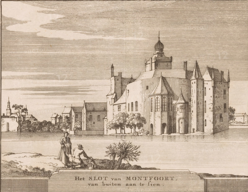 The Castle of Montfoort, View of the castle of Montfoort, Castles in the Netherlands, print, printmaker: Jacobus Schijnvoet, Amsterdam, after drawing by Roelant Roghman, publisher: Pieter de Coup, publisher: Hendrik Bosch, publisher: Johannes Marshoorn (publisher), Haarlem, publisher: Gerrit Bom, 1711 - 1774, paper, etching, height 195 mm x width 214 mm, Print included in: Smids, Ludolph. Schatkamer der Nederlandse! Antiquities, or Dictionary, comprising Dutch cities, 1711. Also appeared in the reissue of the aforementioned work in 1737 and 1774. In 1721, an edition appeared containing only the prints: Dutch antiquities, consisting of sixty images, situated in Holland, 1721., castle, Montfoort, A detailed line drawing of a large castle-like building with towers, turrets, arched windows, and a distinctive onion-shaped dome, set behind a row of trees and smaller buildings along a shoreline; two small human figures stand in the foreground near a low shrub, one standing and the other seate...