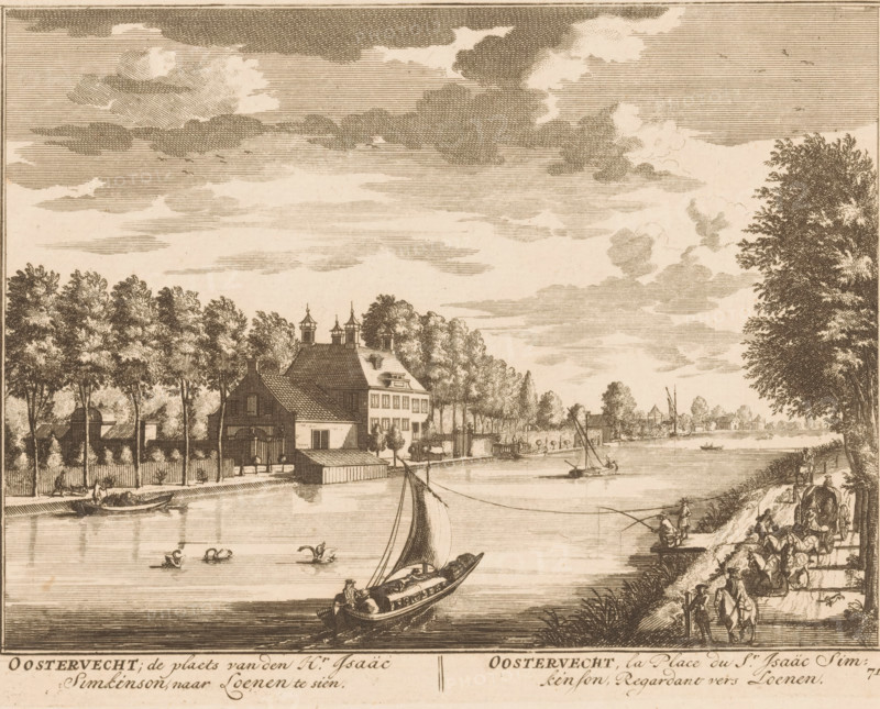 Oostervecht, the place of Mr. Isaäc Simkinson, seen towards Loenen, View towards Loenen, View of Oostervecht, print, Series number, 71, printmaker: Daniël Stopendaal, publisher: widow Nicolaes Visscher (II), 1719, paper, etching, height 158 mm x width 205 mm, A wide riverside scene rendered in sepia tones shows a sailboat in the foreground with a single sail and a figure at its stern, two swans floating nearby, and a shoreline lined with trees and buildings including a large multi-story house with a steep roof and decorative rooftop structures; a dock and smaller boats are moored along the water, figures walk and gather on a path beside the river where a horse-drawn cart and several people are visible, and distant houses and trees appear along the far bank beneath a sky filled with layered, textured clouds.