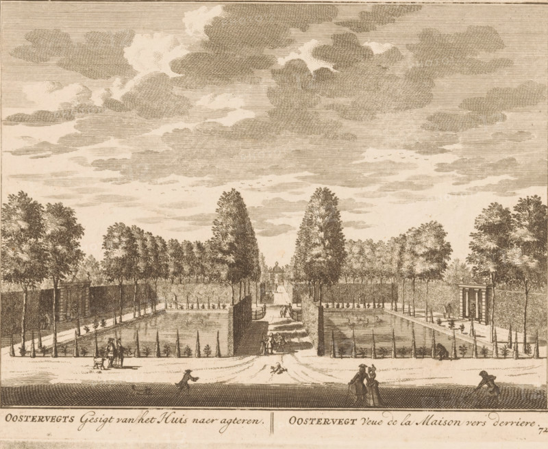 View of the gardens of Oostervecht, Oostervegts Gesigt van het Huis naer agteren, Oostervegt Veue de la Maison vers derriere, print, Series number, 72, printmaker: Daniël Stopendaal, publisher: widow Nicolaes Visscher (II), 1719, paper, etching, height 158 mm x width 204 mm, A wide engraved landscape showing a formal garden with symmetrically arranged trees and hedges leading to a distant pavilion, framed by tall cloud-filled sky above; pathways, canals, and rectangular planted beds run toward the center where a small architectural structure sits, and small groups of people and a few animals are scattered along the foreground paths and lawns.