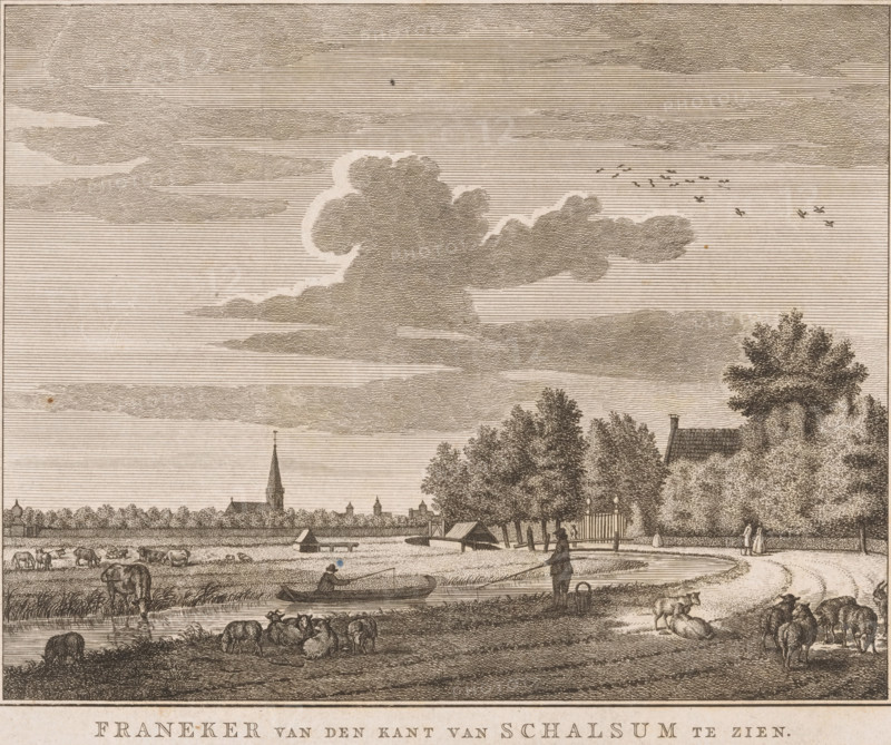 View of Franeker, seen from Schalsum, Franeker seen from the side of Schalsum, print, printmaker: Dirk de Jong (possibly), Northern Netherlands, c. 1779 - c. 1805, paper, etching, height 175 mm x width 213 mm, Used in: Jan Wagenaar, Tegenwoordige staat der Vereenigde Nederlanden, Amsterdam: Simon Stijl, 1787, vol. 14, opposite p. 438., city-view, and landscape with man-made constructions, Franeker, Schalsum, A wide engraved landscape showing a riverbank scene with grazing animals in the foreground and a small body of water with a person in a boat and another standing on the shore holding a pole, groups of sheep and cows scattered nearby, a dirt path curving past trees toward a gate and a cluster of buildings partially hidden by dense trees, a tall church steeple rising above a distant treeline on the horizon, a large cloud formation dominating the sky with smaller clouds and a flock of birds in flight, and finely hatched lines and stippling throughout creating tonal shading.
