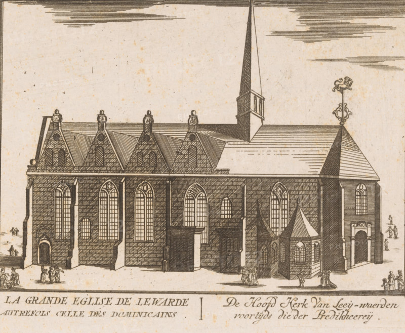 View of the Grote Kerk in Leeuwarden, La grande eglise de Lewarde autrefois celle des dominicains, The Hoofd Kerk Van Leey-waerden before the Predikheereij, print, printmaker: attributed to Jacobus Harrewijn, publisher: François Foppens (II) (possibly), c. 1720, Attributed to, paper, etching, height 160 mm x width 215 mm, Later published in: Histoire Generale des Pais bas Contenant la Description des XVII Provinces. Brussels: Francois Foppens, 1720., church (exterior), Leeuwarden, A detailed line drawing of a large stone church facade with tall arched windows, pointed gables along the roofline topped with small finials, a tall slender spire rising from a tower, and a decorative weather vane on a smaller roof section; the walls are depicted with brick or stone patterning and there are multiple entrances and a small attached chapel with its own pitched roof; small groups of tiny figures are scattered near the base of the building and horizontal shaded clouds appear in the sky above.