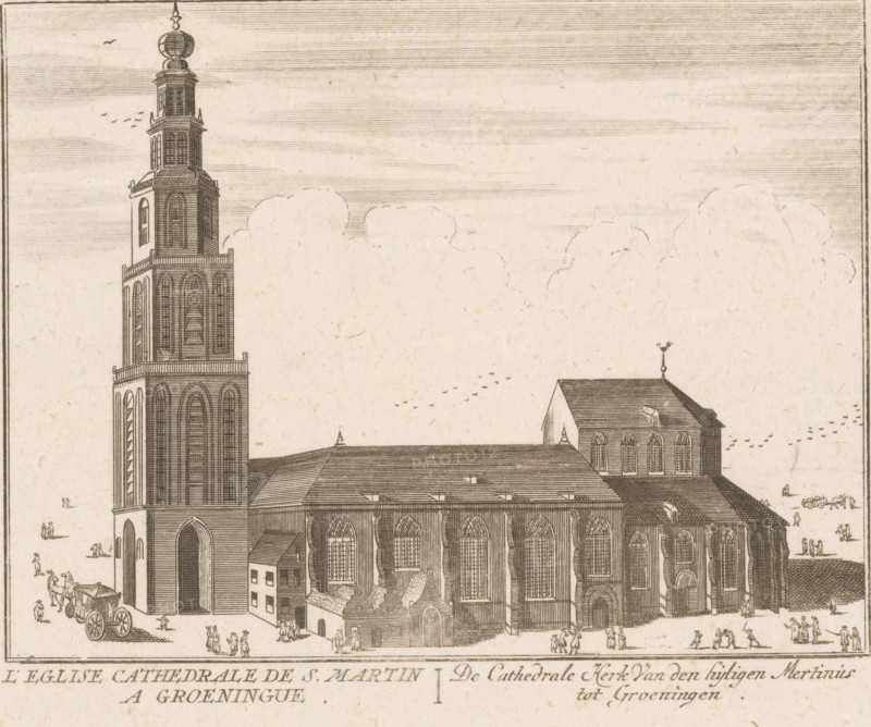 L'Eglise cathedrale de S. Martin a Groeningue, De Cathedrale Kerk Van den hyligen Mertinus tot Groeningen, Sint-Martinuskerk in Groningen, print, printmaker: attributed to Jacobus Harrewijn, publisher: François Foppens (II) (possibly), c. 1720, Jacobus Harrewijn, François Foppens (II), printmaker, publisher, Attributed to, paper, etching, height 157 mm x width 207 mm, Later published in: Histoire Generale des Pais bas Contenant la Description des XVII Provinces. Brussels: Francois Foppens, 1720., town hall, Groningen (city), A detailed pen-and-ink illustration of a large church with a tall multi-staged tower on the left and a long nave extending to the right, showing many tall arched windows and buttresses; the tower has successive tiers with arched openings and a decorative finial at the top, and the nave roof is rendered with parallel hatching lines and small roof ornaments; small clustered buildings and doorways are attached to the church’s lower side, and tiny groups of people are ...