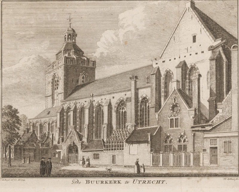 The Buurkerk in Utrecht, View of the Buurkerk in Utrecht, print, printmaker: Hendrik Spilman, Haarlem, after drawing by Jan de Beijer, publisher: Isaak Tirion (possibly), Amsterdam, 1744 - 1758, paper, etching, height 159 mm x width 205 mm, Print used in: Tegenwoordige staat der Vereenigde Nederlanden, eleventh part, containing a description of the province of Utrecht. Decorated with maps, plans of the cities and print illustrations, Contemporary history, or present state of all peoples, 1758, between p. 374 and p. 375., church (exterior), Utrecht, Buurkerk, A detailed ink drawing of a large Gothic church facade with tall pointed windows, buttresses, and a steep roof, featuring a square tower topped by a small domed belfry and a weather vane. The stone walls show blockwork and decorative arches, and there are smaller attached buildings with pitched roofs and round windows along the street-facing side. People in period clothing are walking or standing near the entrance and along the sid...