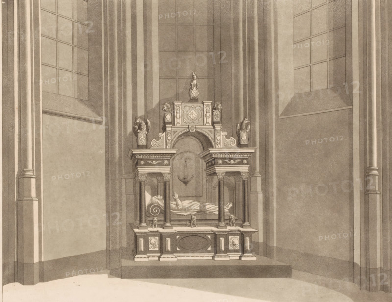 Church interior with gisant, print, number: 'T 974, s-', France (possibly), 1700 - 1799, printmaker, paper, aquatint, etching, height 232 mm x width 290 mm, effigy, 'gisant' (portrait-figure on closed coffin or in 'castrum doloris'), transi, A tall architectural interior with high vertical columns and large recessed windows flanking a central ornate funerary monument, the monument featuring a sculpted recumbent effigy on a raised bed beneath an arched canopy supported by paired columns, decorative lion and eagle figures atop pedestal corners, carved human faces and scrollwork on the entablature, shield-like cartouches and heraldic motifs on the uppermost section, a hanging lamp or vessel suspended within the arch behind the effigy, a recessed alcove behind the monument with paneled wall surfaces, and a broad stepped base set into the floor plane.
