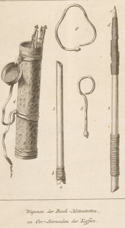Arms of the Bush Hottentots and Ear Ornaments of the Kaffirs, Arms of the Khoikhoi and ornaments of the Xhosa, print, book illustration, Numbered top left: Pl. V., watermark, Netherlands, publisher: Luchtmans, Samuel & Joannes, Leiden, publisher: Martinus de Bruyn, Amsterdam, 1787, printmaker, paper, etching, proof, height 205 mm x width 122 mm, Proof of a print from: Sparman, Anders Erikson. Journey to the Cape of Good Hope, the lands of the South Pole, and around the world, but mainly in the lands of the Hottentots and Kaffirs, undertaken in the years 1772 to 1776 by Andreas Sparman, Leiden: S. and J. Luchtmans, Amsterdam: M. de Bruijn, vol. 1, pl. 5, before p. 233., weapons, Khoikhoi, ornaments, jewels, archer's weapons, A vertical arrangement of detailed pen-and-ink drawings on aged paper depicting various elongated objects and accessories including a cylindrical container with woven texture and a strap, a set of slender pointed implements emerging from the container, a long tapere...