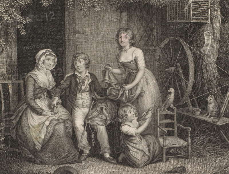 Family in a portico with a spinning wheel, print, France, 1800 - 1850, printmaker, paper, engraving, etching, stippling, height 181 mm x width 237 mm, family, relationship, descent, open door, spinning-wheel, A detailed monochrome engraving shows a domestic scene with figures gathered near an open doorway and a large wooden wheel. A seated woman wearing a bonnet and layered dress holds a small bird in her hands while a boy in a jacket and vest sits beside her, one hand extended toward a standing young woman who holds a cloth. A kneeling child in a simple dress reaches up, presenting a bird toward a small chair and a wooden perch where several birds sit. To the right, a wicker cage hangs near the wheel and a cat stands on a shelf among small bowls. Overhead branches with leaves frame the top of the composition and textured walls form the background.