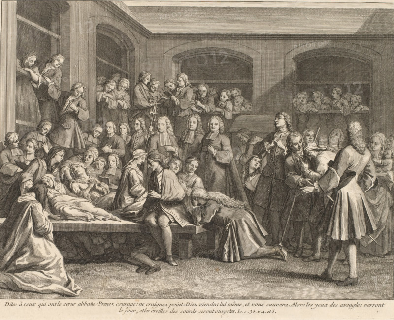Mourning figures around the tomb of François de Pâris, print, book illustration, France, publisher: Libraires de la Compagnie, Utrecht, 1737, printmaker, paper, engraving, etching, height 232 mm x width 305mm, A detailed monochrome engraving shows a crowded interior with many people gathered around a central table where a body lies covered by drapery, several figures kneel and lean over the table while others stand nearby in long coats and robes; architectural arches and windows form the background with spectators peering from elevated openings; groups of men and women display varied postures and gestures, some holding books or papers, one figure holds a staff, another appears to write while a man with long hair and a cloak stands with his back partly turned, and a dog is visible near the table; the scene is rendered with fine crosshatching and detailed textures on clothing, hair, and the stone floor.