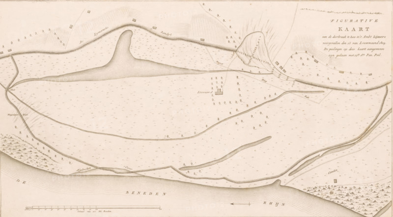Map of dike breach at Loo, 1809, Figurative Map of the breach at Loo in the Lijmers district occurred on the 13th of January 1809, print, map, Map of the breach of the Liemers Bandijk along the Lower Rhine near Loo in Gelderland, January 13, 1809., printmaker, Netherlands, paper, etching, engraving, height 285 mm x width 492 mm, Used as illustration in: Ewijk, Hendrik. Historical report of the dike breaches and floods along the rivers in the Kingdom of Holland, occurred in January 1809. 3 vols. Amsterdam: Johannes Allart and Jacobus Ruys, maps of separate countries or regions, dike-break, Flood of 1809, Gelderland, Lower Rhine region, Period, 1809-01-13, A sepia-toned map view showing a wide river along the bottom edge with contour shading, a long curving island or sandbank with layered contour lines near the top center, roads or paths meandering across the map, small rectangular building shapes scattered on both sides of the central area, clusters of individual tree symbols arranged i...