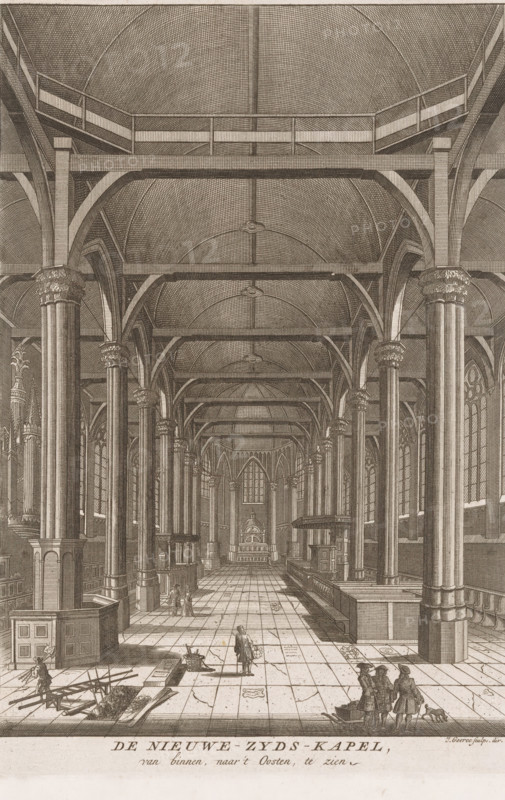 The Nieuwe-Zyds-Kapel, seen from the inside, towards the East, Interior of the Nieuwezijds Chapel in Amsterdam, seen towards the east, print, printmaker: Jan Goeree, Amsterdam, 1680 - 1731, paper, etching, engraving, height 252 mm x width 170 mm, interior of church, Nieuwezijds Kapel, Heilige Stede, A detailed interior view of a large vaulted hall with rows of tall, fluted columns topped by decorative capitals, arched ribbed ceilings, and a central nave leading toward an elevated apse with layered architectural ornament. Stone or tiled flooring stretches down the center, with niches, raised platforms, and wooden structures along the sides. High arched windows punctuate the side walls, admitting light that defines the architectural forms. Small groups of people are scattered along the floor, some standing and conversing, others walking, and a few nearments performing tasks with tools and materials visible on the floor. Decorative railings, balustrades, and gallery walkways run above the...