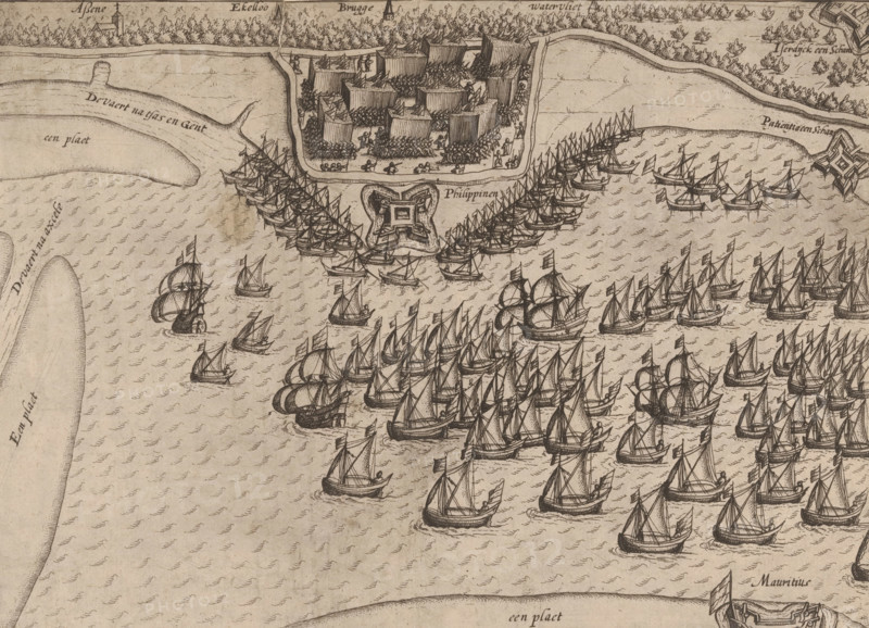 States fleet before Philippine, 1600, print, The States fleet of Maurice before Philippine where men are taken on board, June 22, 1600. Voyage to Ostend of the States army, June 19-27, 1600., printmaker: attributed to Lambert Cornelisz., Northern Netherlands, 1600 - 1602, Attributed to, paper, etching, height 222 mm x width 304 mm, Person, Maurice (Prince of Orange), ships (in general) - CC - more than one ship, troop movements, transportation (sailing-ships), Voyage of Maurice to Ostend, Philippine, Period, 1600-06-22, A detailed monochrome illustration shows a coastal scene with many sailing ships of varying sizes on textured water, their masts, sails, and small flags clearly drawn; near the shore a fortified star-shaped bastion sits at the entrance to a walled settlement filled with rows of tents and clusters of small figures; trees and a wooded shoreline appear behind the settlement, and sinuous stretches of sand or land extend into the water on either side of the harbor; the compo...