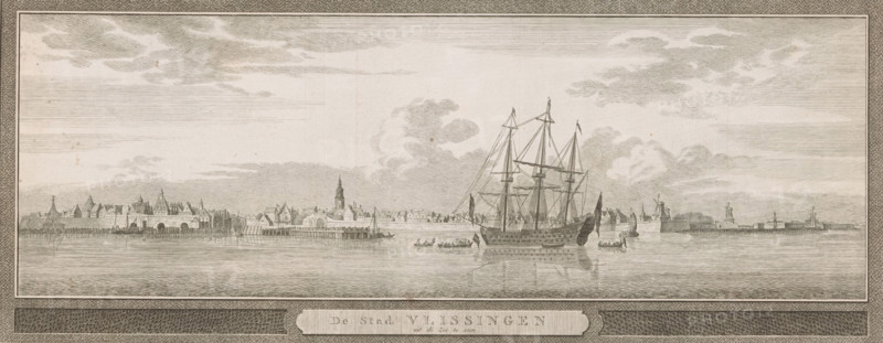 View of Vlissingen, 1743, The city of Vlissingen seen from the sea, print, book illustration, printmaker: Jan Caspar Philips, Amsterdam, after drawing by Cornelis Pronk, publisher: Isaak Tirion, grantor of privilege: States of Holland and West Friesland, 1753, paper, etching, height 173 mm x width 411 mm, A wide horizontal engraving shows a waterfront scene with a large sailing ship anchored in the foreground, its tall masts, rigging, and furled sails rendered in fine lines and reflected in the calm water below. Smaller boats with rowers surround the larger vessel. Behind the ship, a low townscape stretches along the shoreline, composed of clustered buildings with pitched roofs, chimneys, and a prominent church tower rising above the other structures. Wooden piers and breakwaters extend into the water at intervals along the shore. Windmills are visible near the edges of the town. The sky is filled with layered, textured clouds, and the whole image is framed by a decorative border.